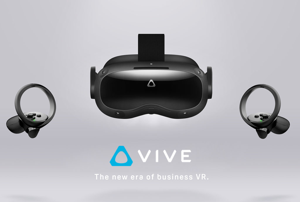 HTC VIVE headset hardware with VIVE logo above text “the new era of business VR"