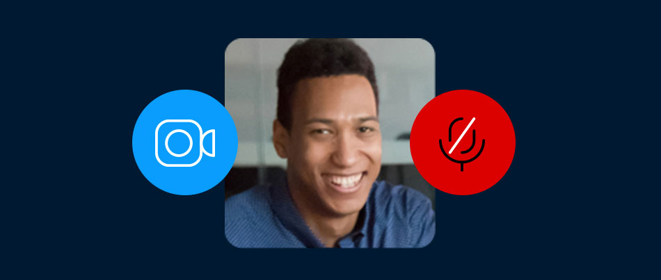 A man smiling with a camera icon and a mute icon